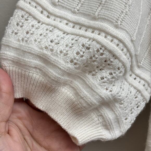 Loft Cream/White Ruffle Puff Sleeve Sweater Open Knit Tee Women's Size Medium - Picture 4 of 8